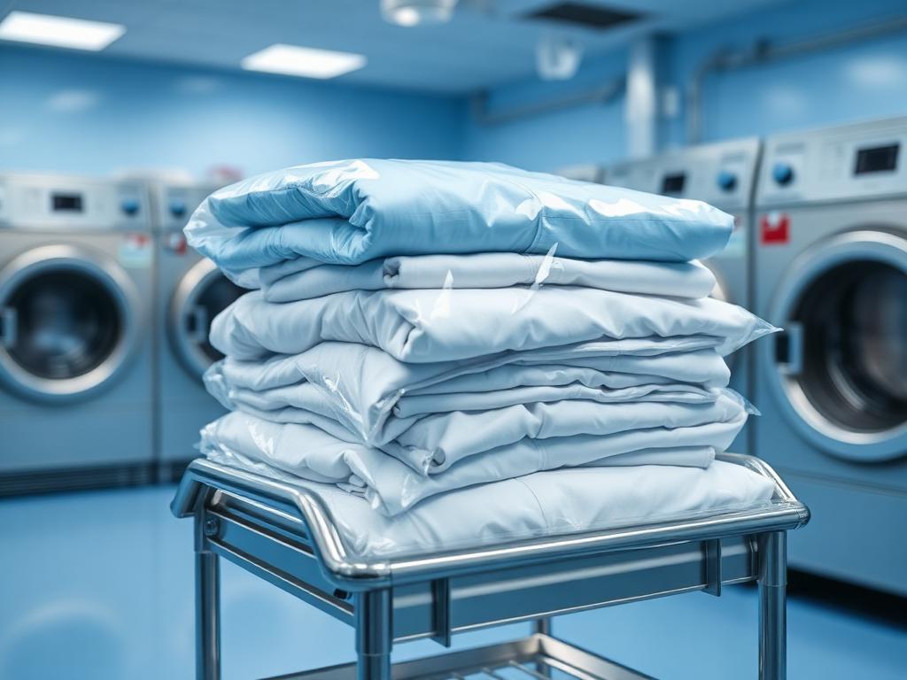Packaged clean healthcare linens on a stainless cart