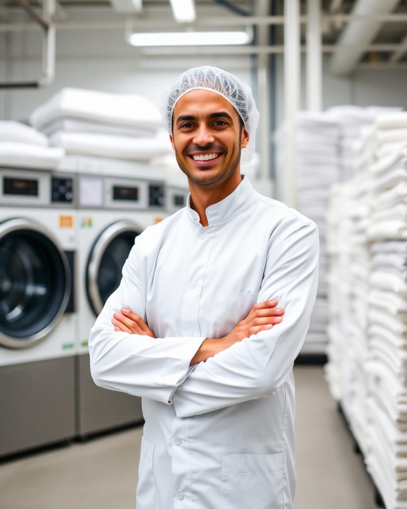 Laundratory plant manager in uniform inside the commercial laundry facility